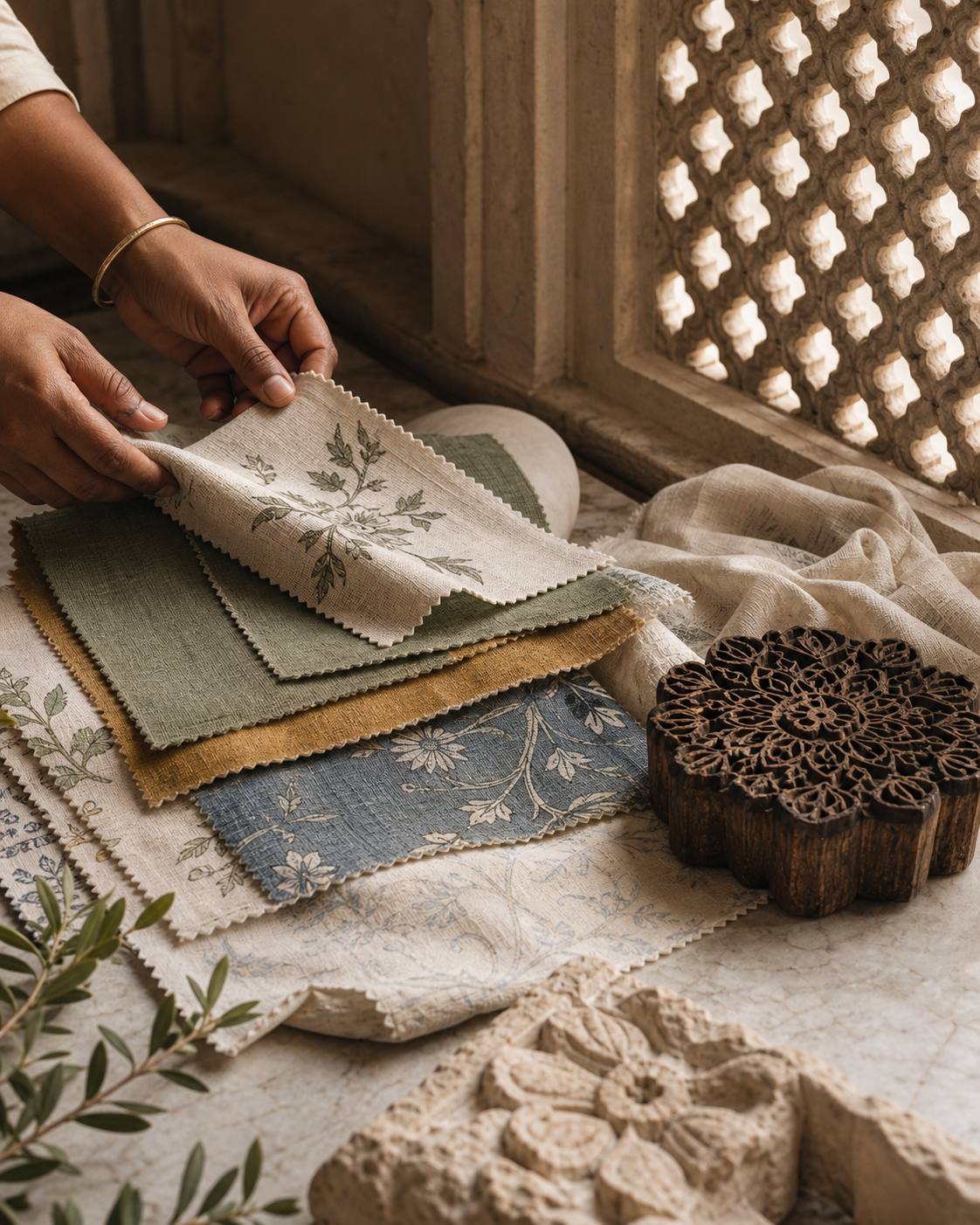 Hands holding fabric swatches beside a jharokha