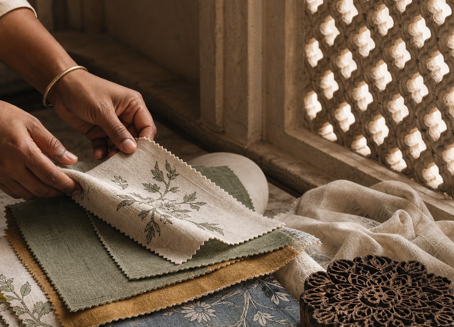 Textile swatches and craft near a jharokha