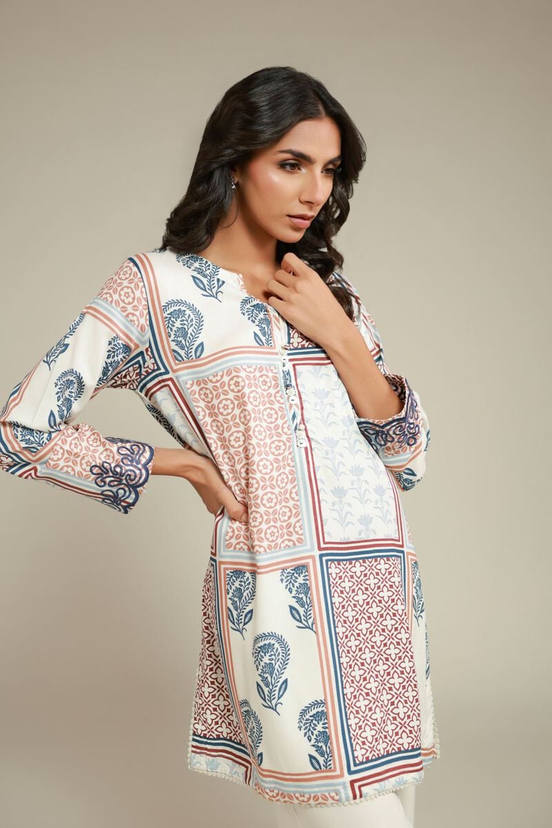 Model wearing printed indigo kurta